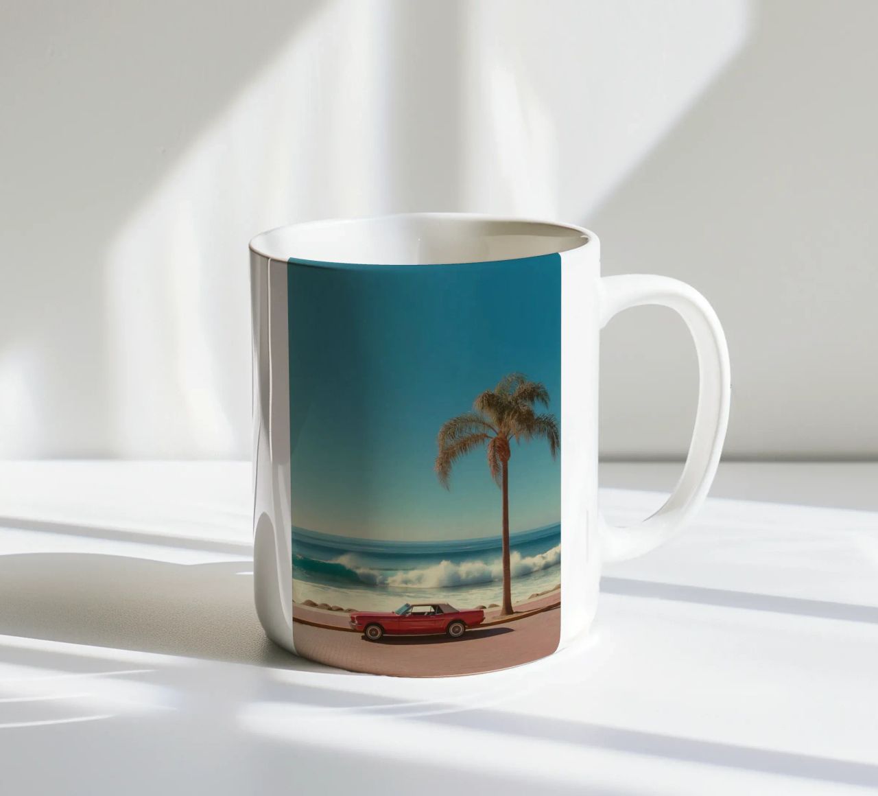 Scena di spiaggia con auto rossa e palma tazza in ceramica da Indigo Tides Art