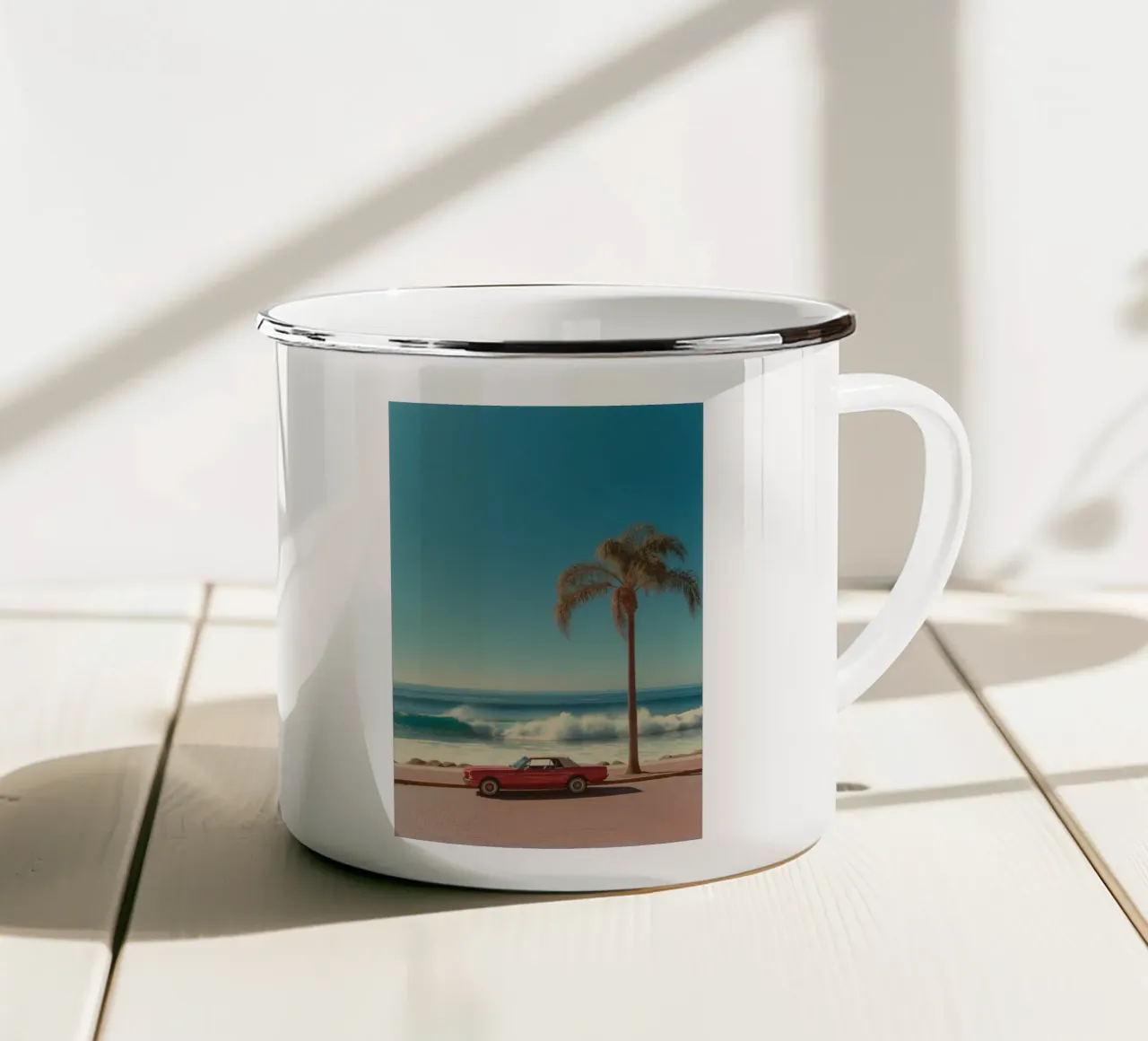 Beach Scene with Red Car and Palm Tree enamel mug by Indigo Tides Art