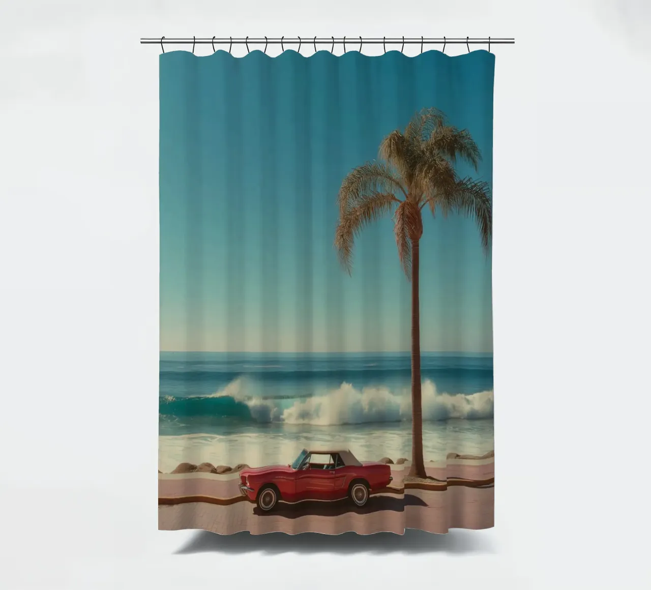Scena di spiaggia con auto rossa e palma tenda da doccia da Indigo Tides Art