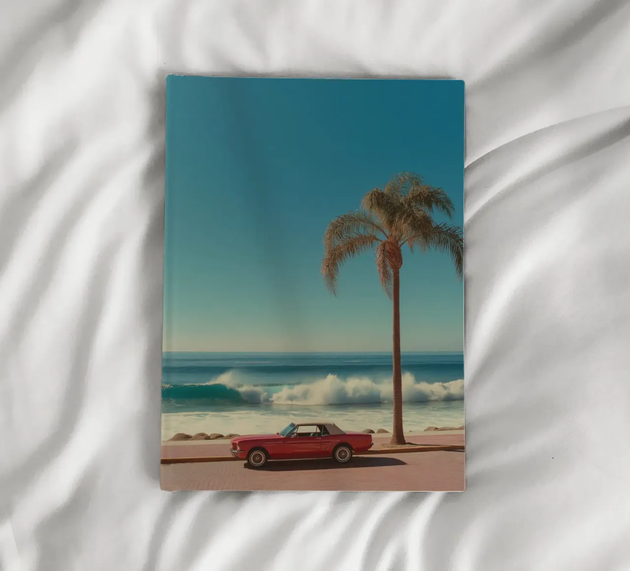 Beach Scene with Red Car and Palm Tree notebook by Indigo Tides Art