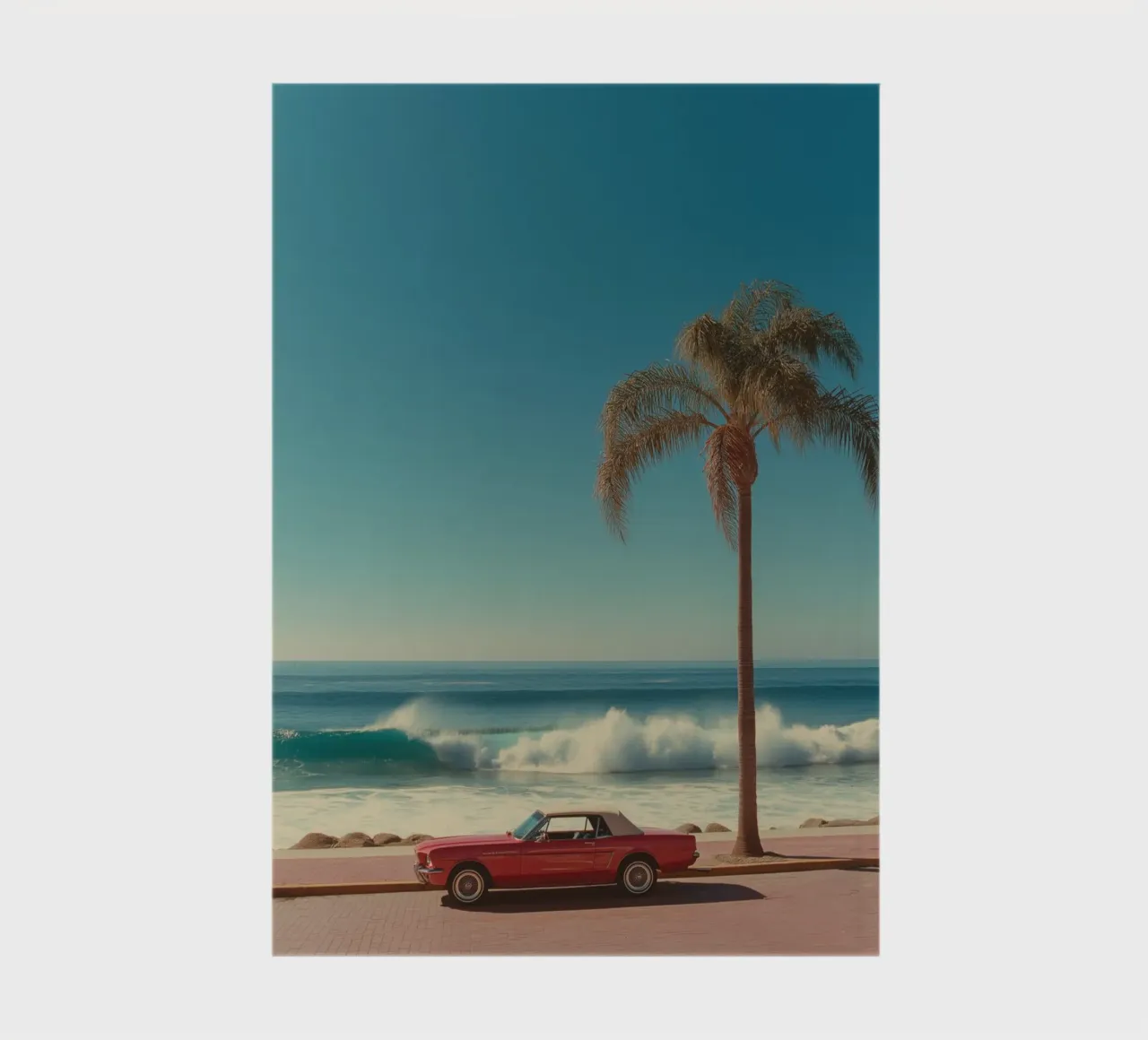Beach Scene with Red Car and Palm Tree notebook by Indigo Tides Art