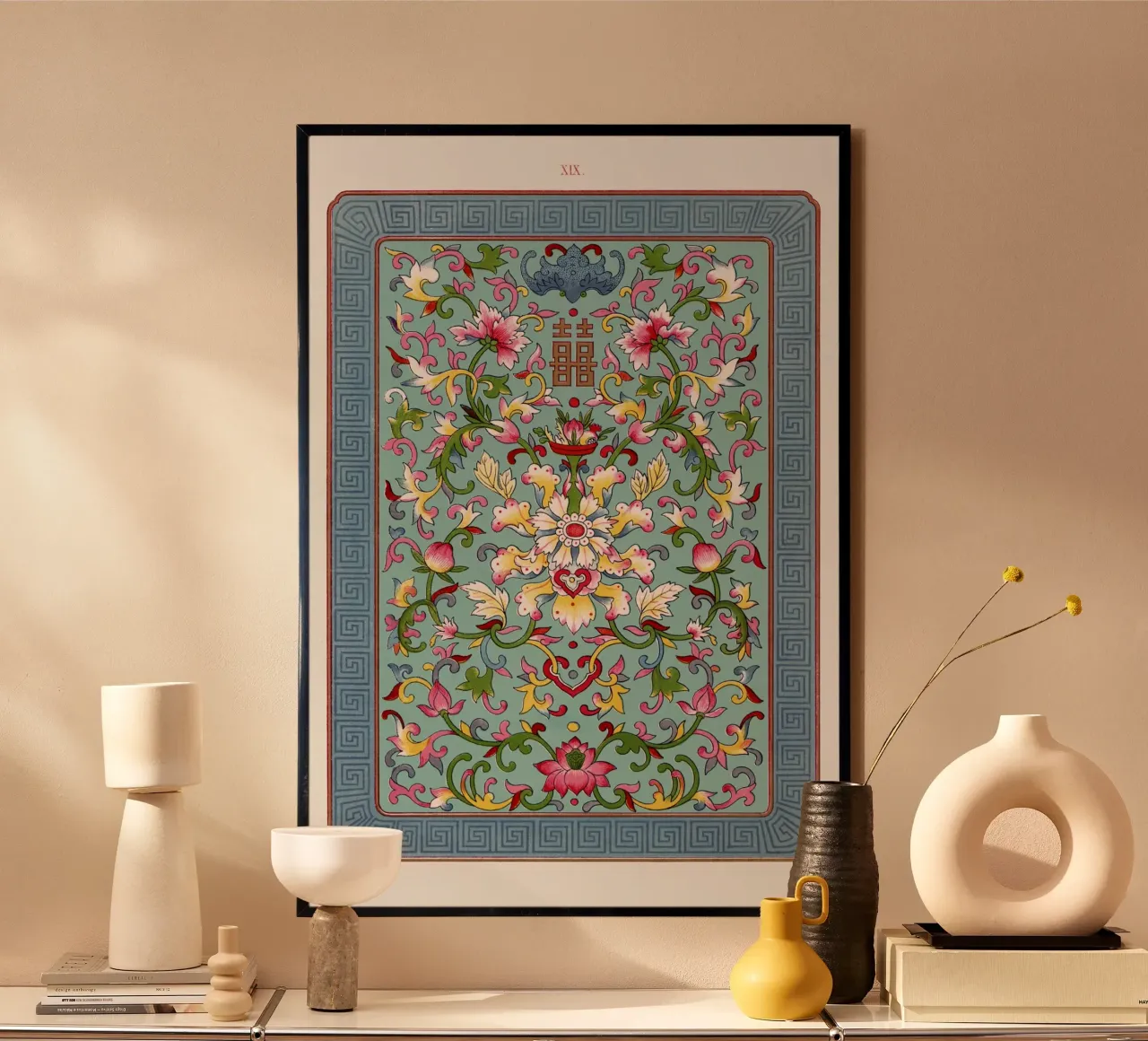 Lebendiges chinesisches Blumenmuster - Türkis & Rosa Kunstdruck Poster mit Holzrahmen von ClubArt