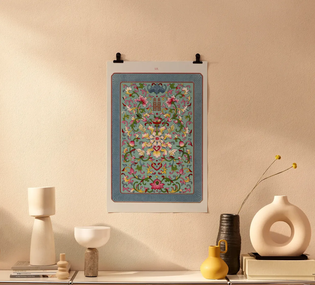 Lebendiges chinesisches Blumenmuster - Türkis & Rosa Kunstdruck Poster mit Holzrahmen von ClubArt