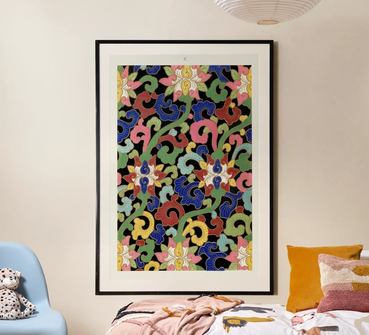 Levendige Chinese bloemen - zwarte achtergrond Botanische kunst poster met houten frame van ClubArt