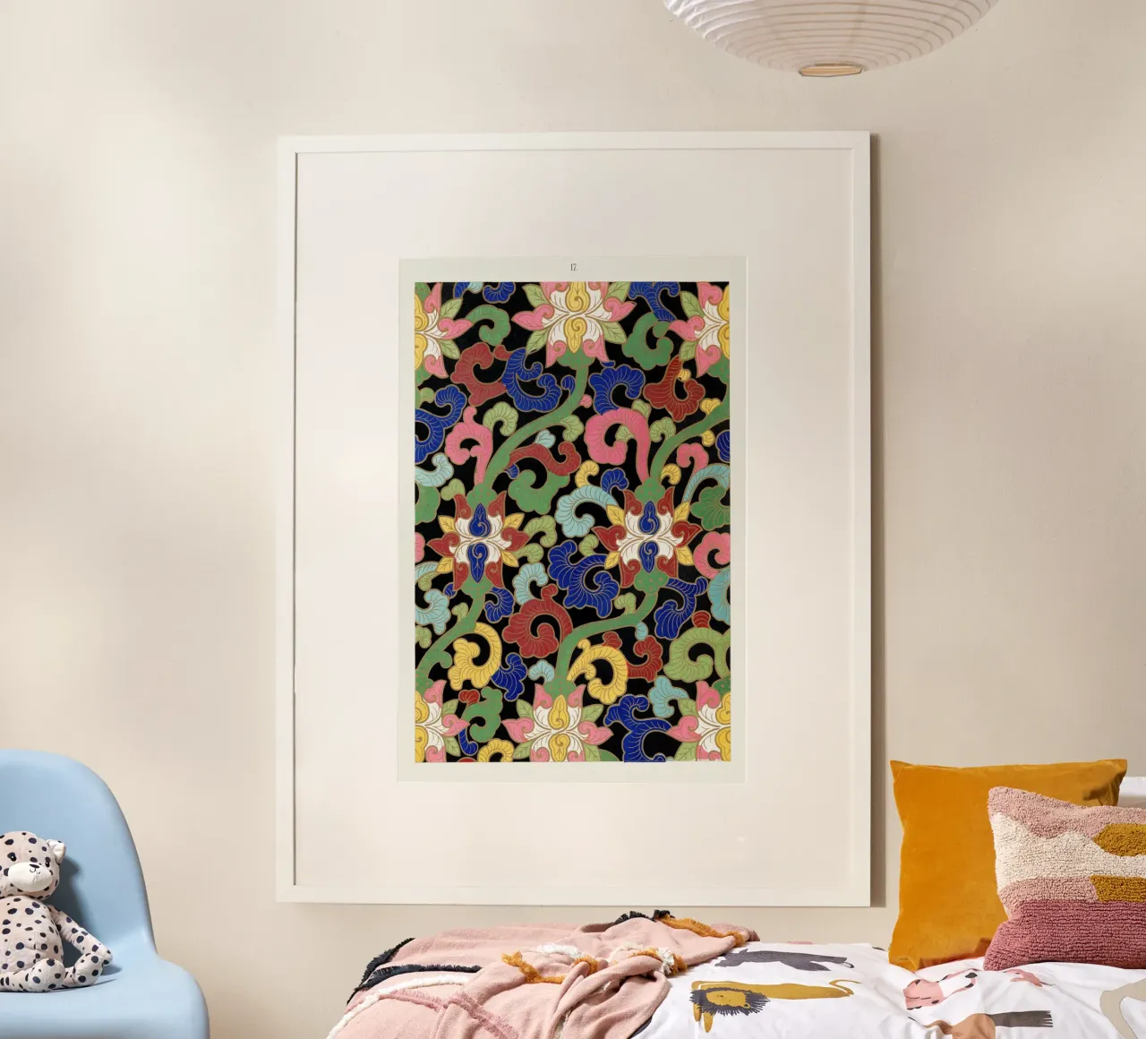 Levendige Chinese bloemen - zwarte achtergrond Botanische kunst poster met houten frame van ClubArt