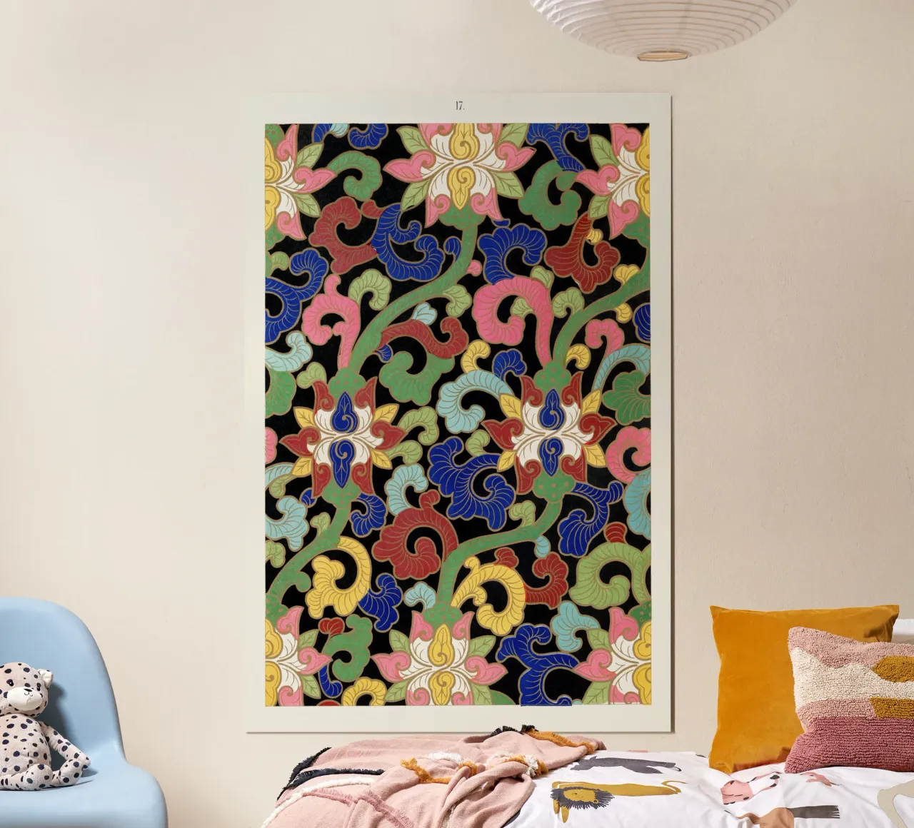 Levendige Chinese bloemen - zwarte achtergrond Botanische kunst poster met houten frame van ClubArt