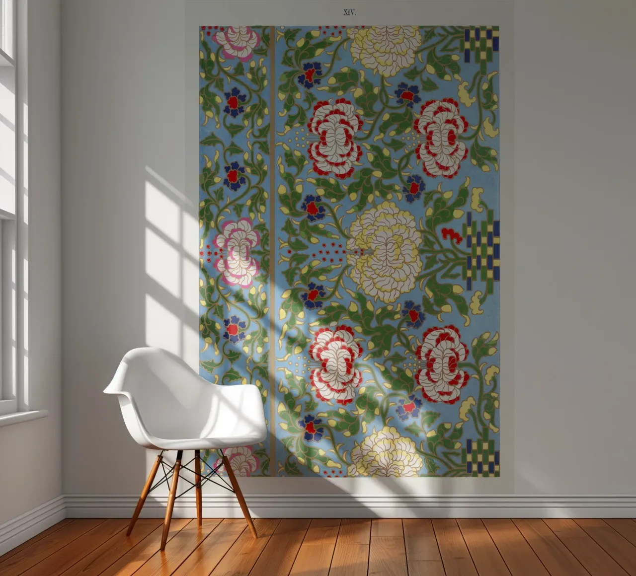 Vibrant Chinese Floral Pattern - Needlepoint Style Print photo wallpaper by ClubArt