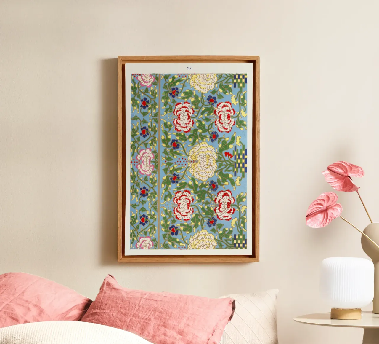 Vibrant Chinese Floral Pattern - Needlepoint Style Print canvas by ClubArt