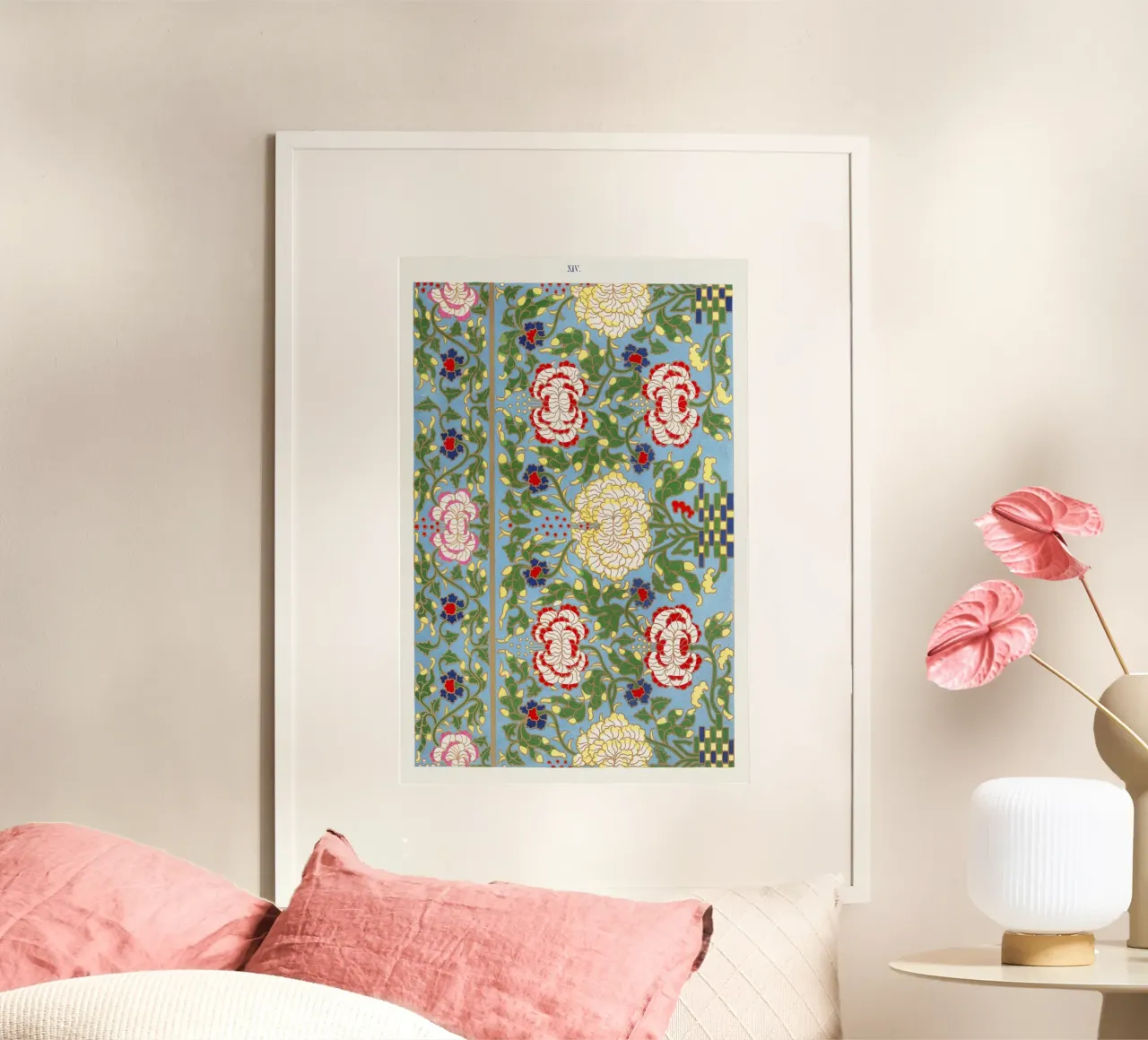 Lebendiges chinesisches Blumenmuster - Needlepoint Style Print Poster von ClubArt