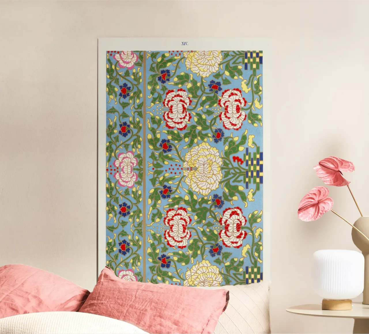 Lebendiges chinesisches Blumenmuster - Needlepoint Style Print Poster von ClubArt