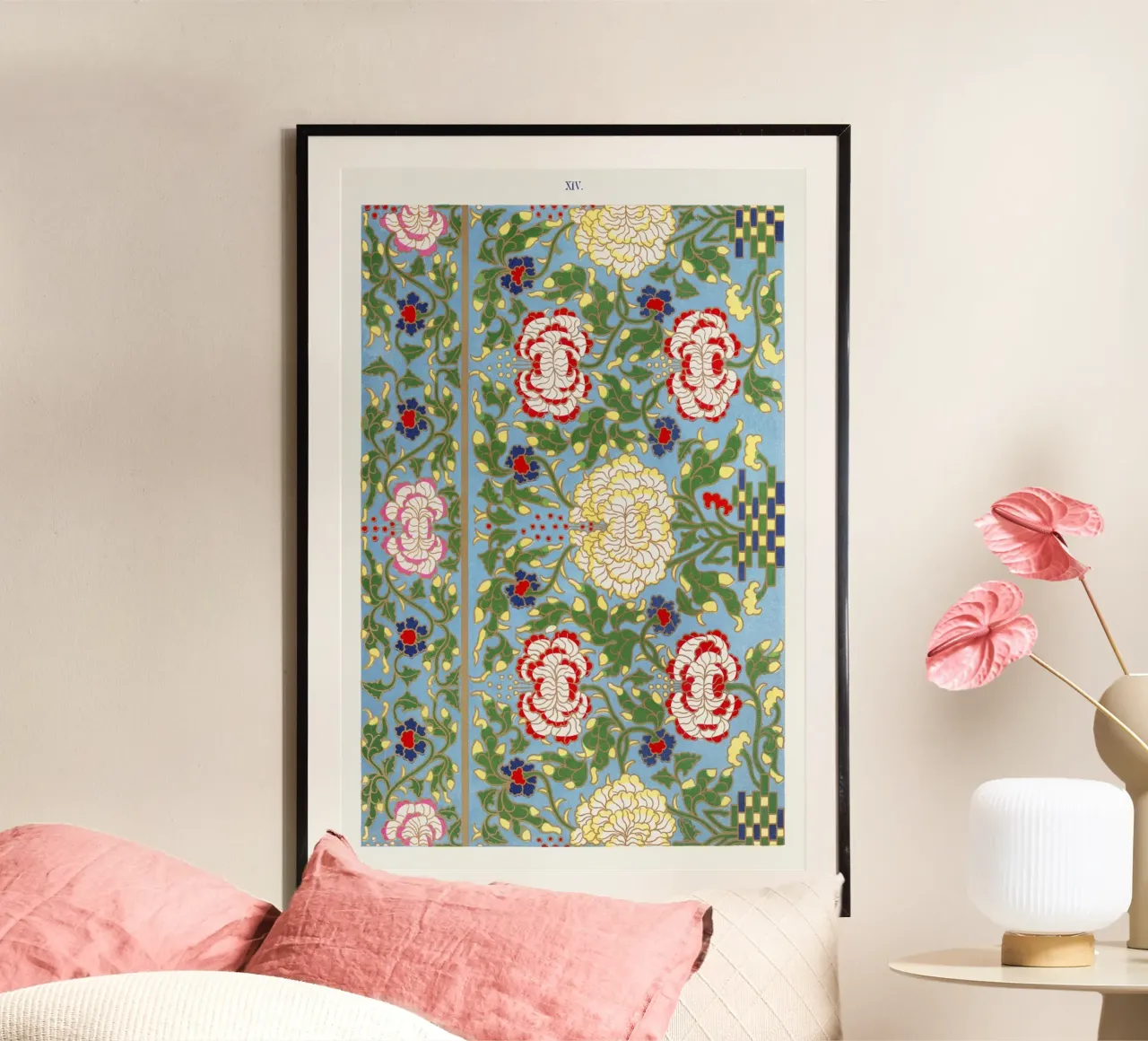 Lebendiges chinesisches Blumenmuster - Needlepoint Style Print Poster von ClubArt