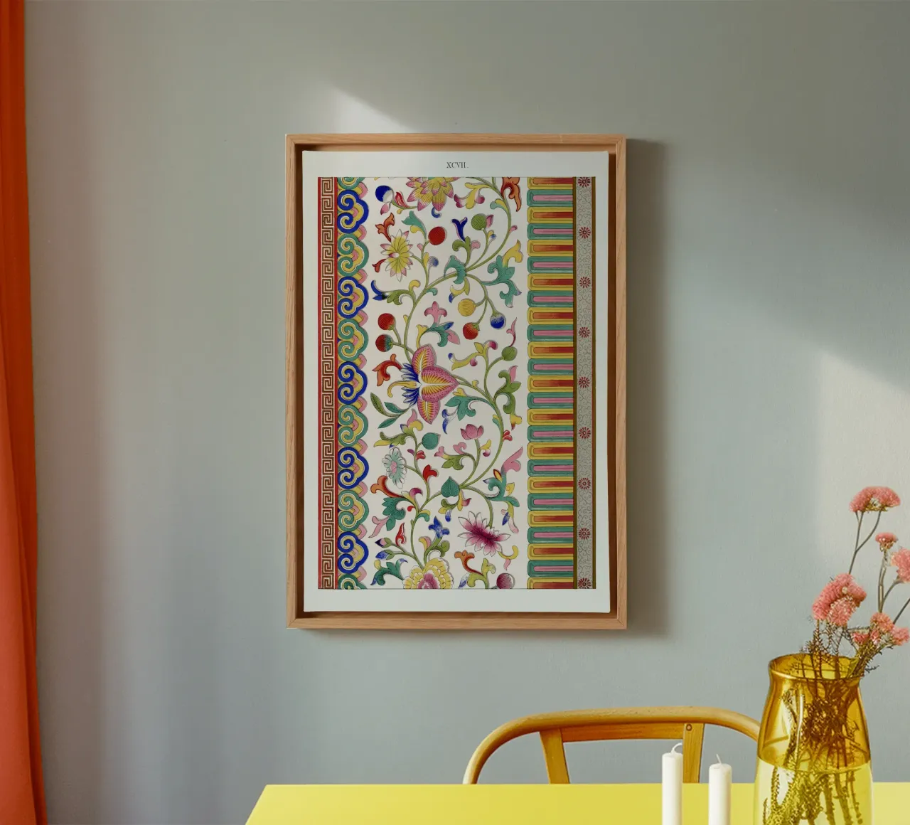 Levendig Chinees Bloemornament - Op Kasjmiri geïnspireerd ontwerp canvas met Baklijst van ClubArt