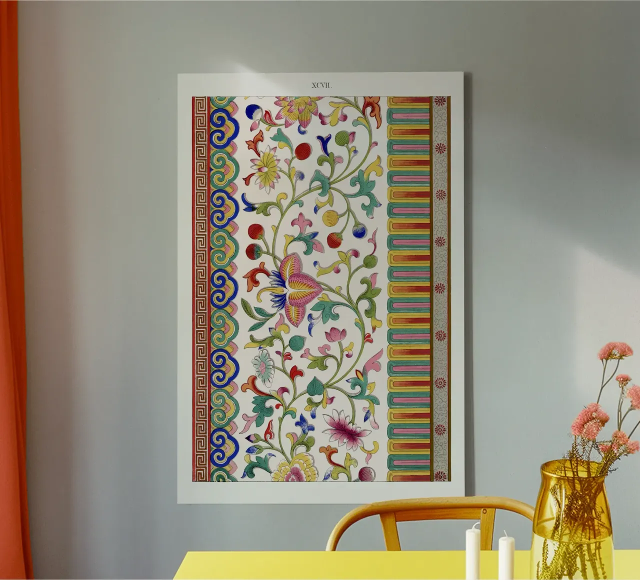 Levendig Chinees Bloemornament - Op Kasjmiri geïnspireerd ontwerp canvas met Baklijst van ClubArt