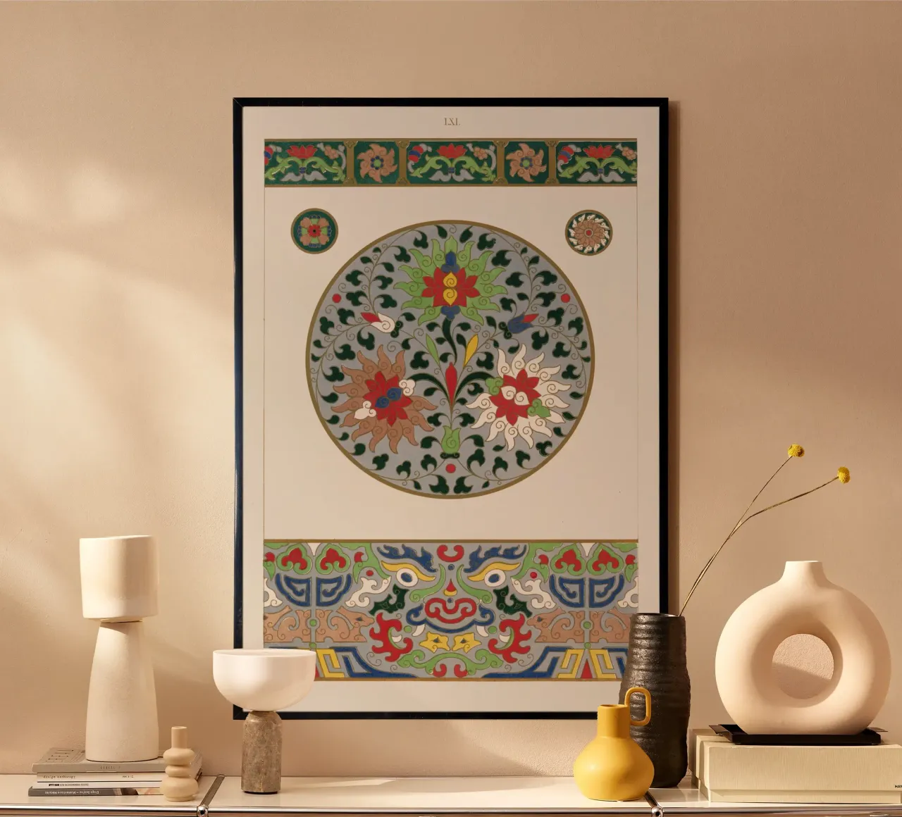 Stampa circolare cinese di ornamenti floreali e draghi poster da ClubArt