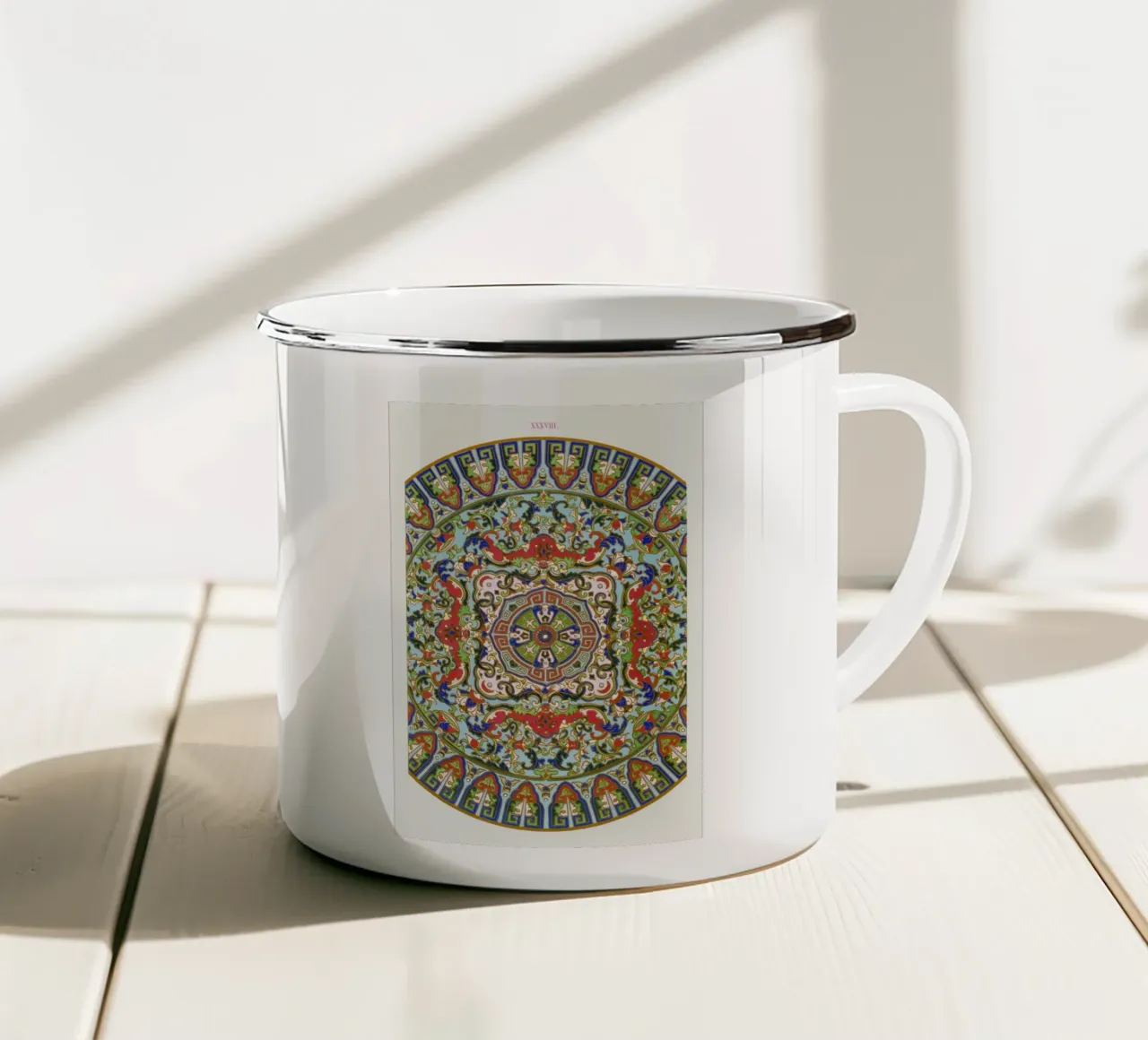 Levendig Chinees cirkelvormig ornament - op folklore geïnspireerde kunst emaille mok van ClubArt