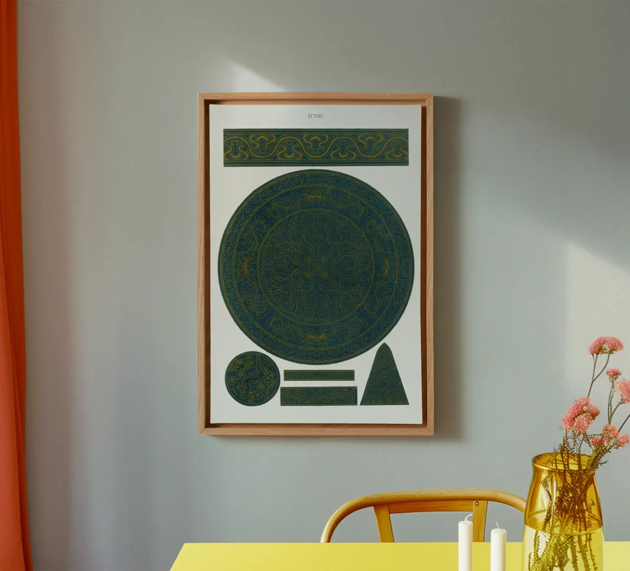 Chinees ornament - Teal & Gouden Medaillon & Randprint canvas met Baklijst van ClubArt