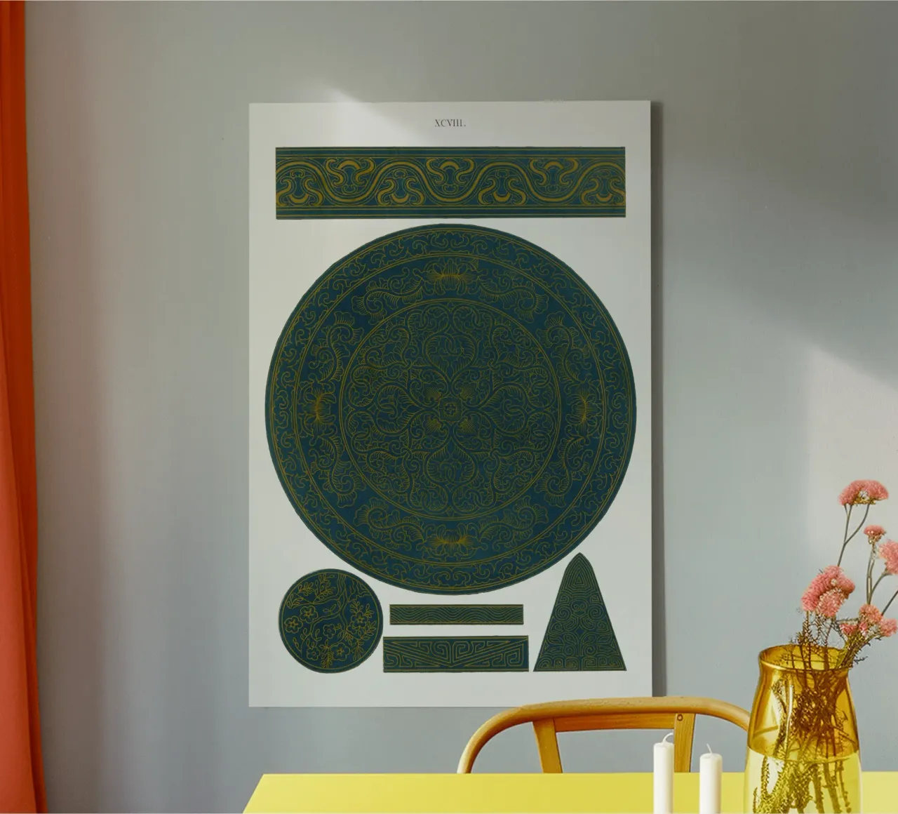 Chinees ornament - Teal & Gouden Medaillon & Randprint canvas met Baklijst van ClubArt