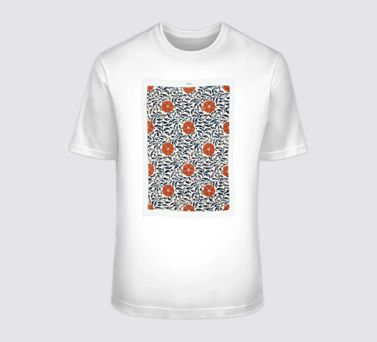 Modello di fiore cinese d'epoca - floreale blu e arancione t-shirt da ClubArt