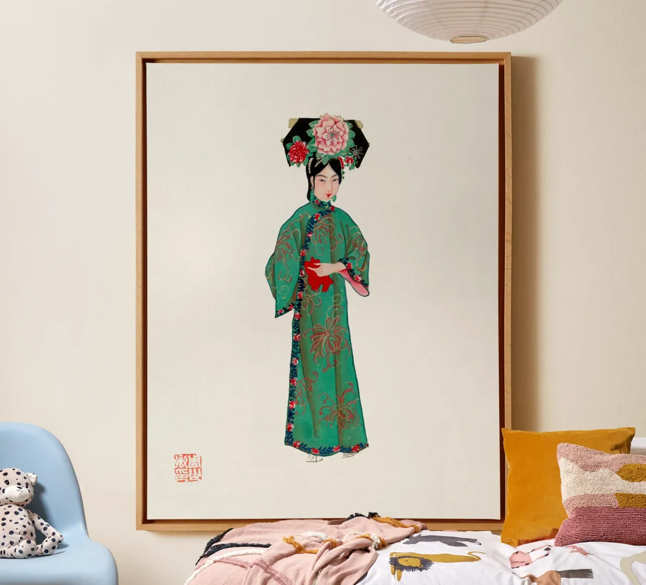 Vintage dame in Manchu kostuum - groene cheongsam kunst canvas met Baklijst van ClubArt
