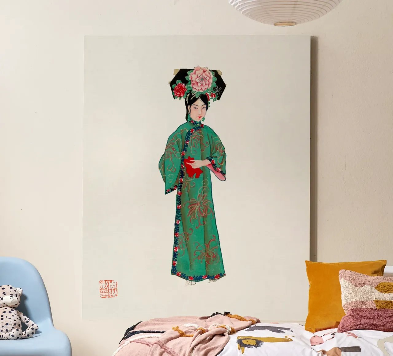 Vintage dame in Manchu kostuum - groene cheongsam kunst canvas met Baklijst van ClubArt