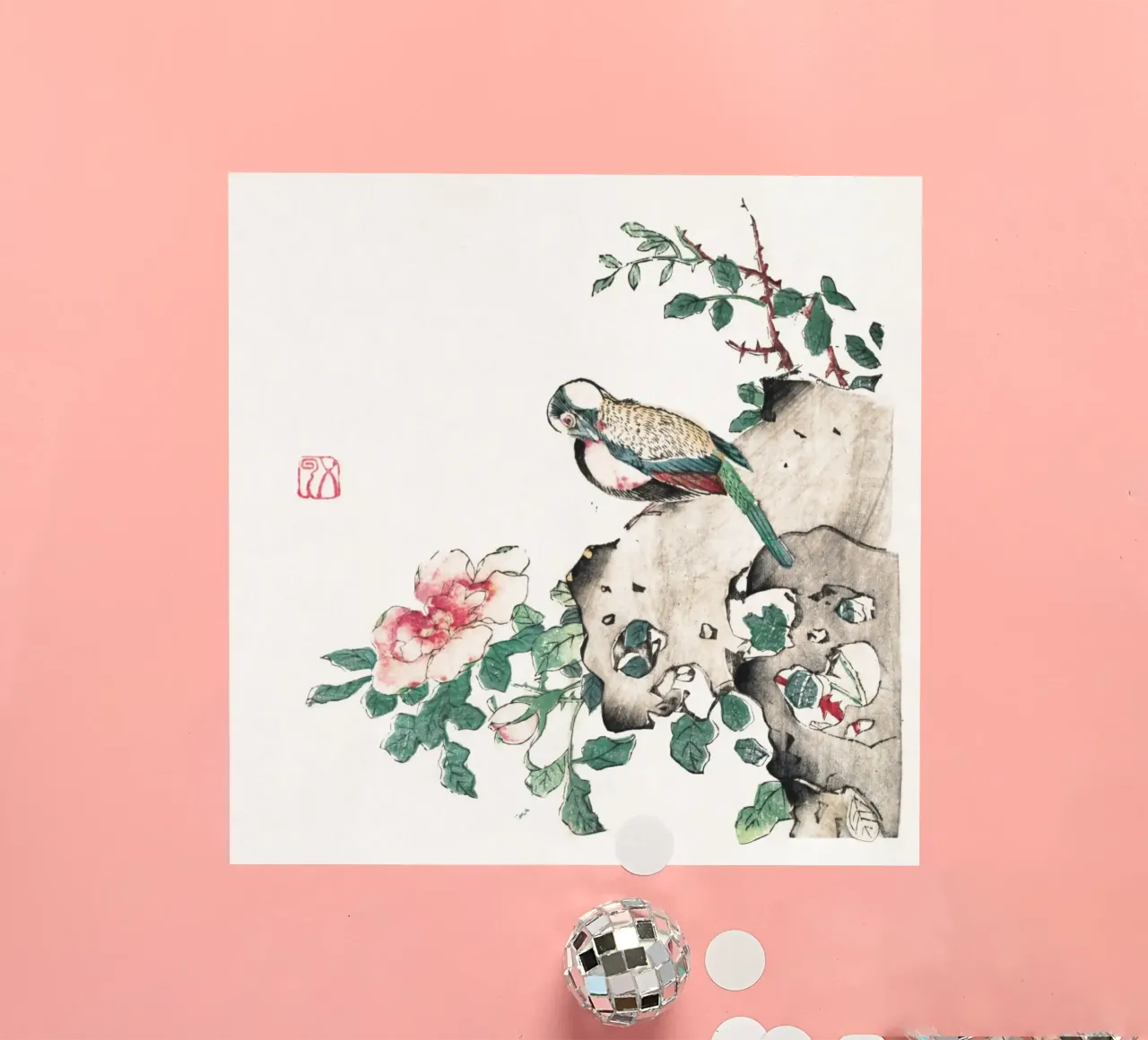 Hu Zhengyan - Shi Zhu Zhai Bird & Rose Art Print autocollant de ClubArt
