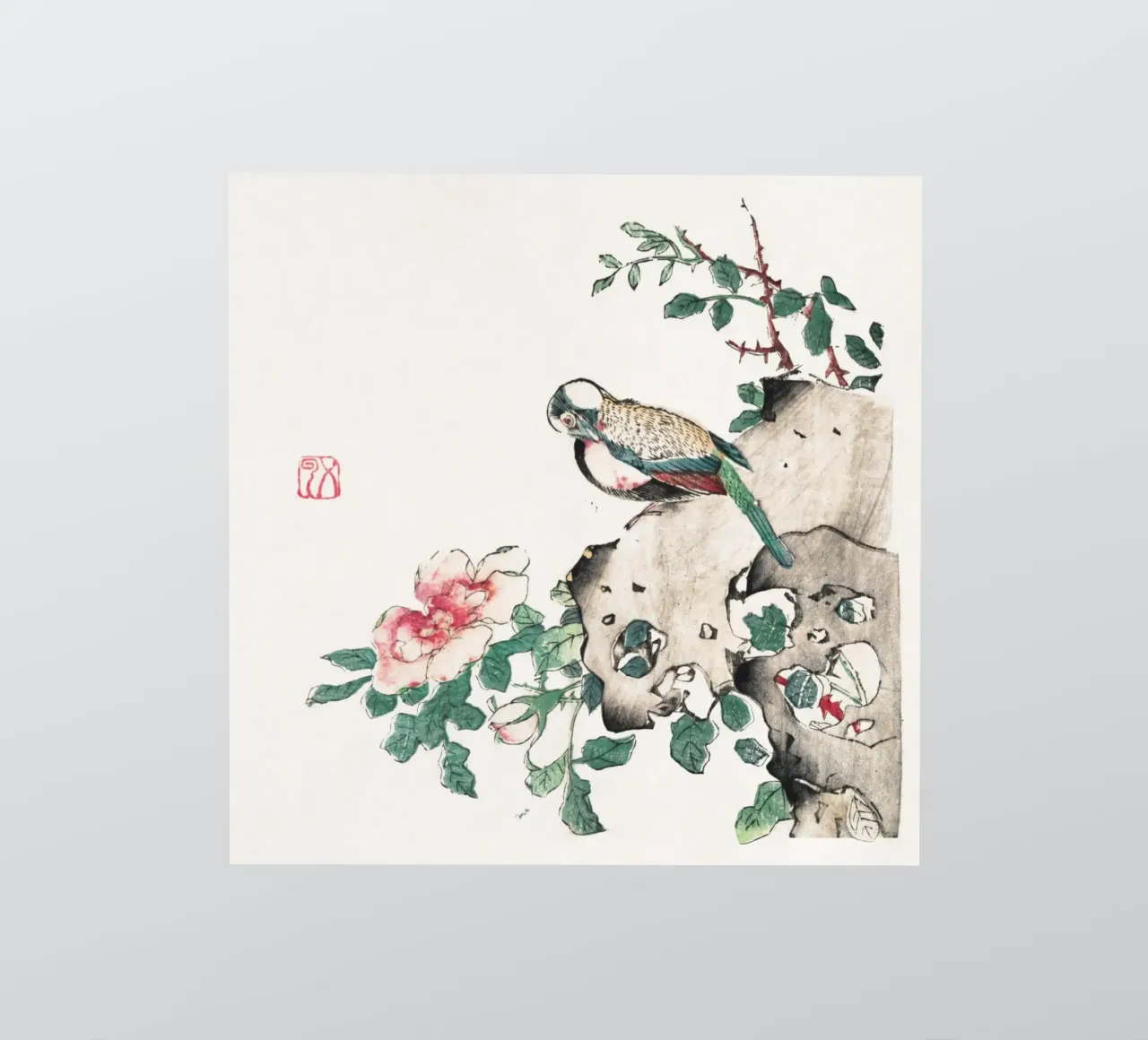 Hu Zhengyan - Shi Zhu Zhai Bird & Rose Art Print autocollant de ClubArt