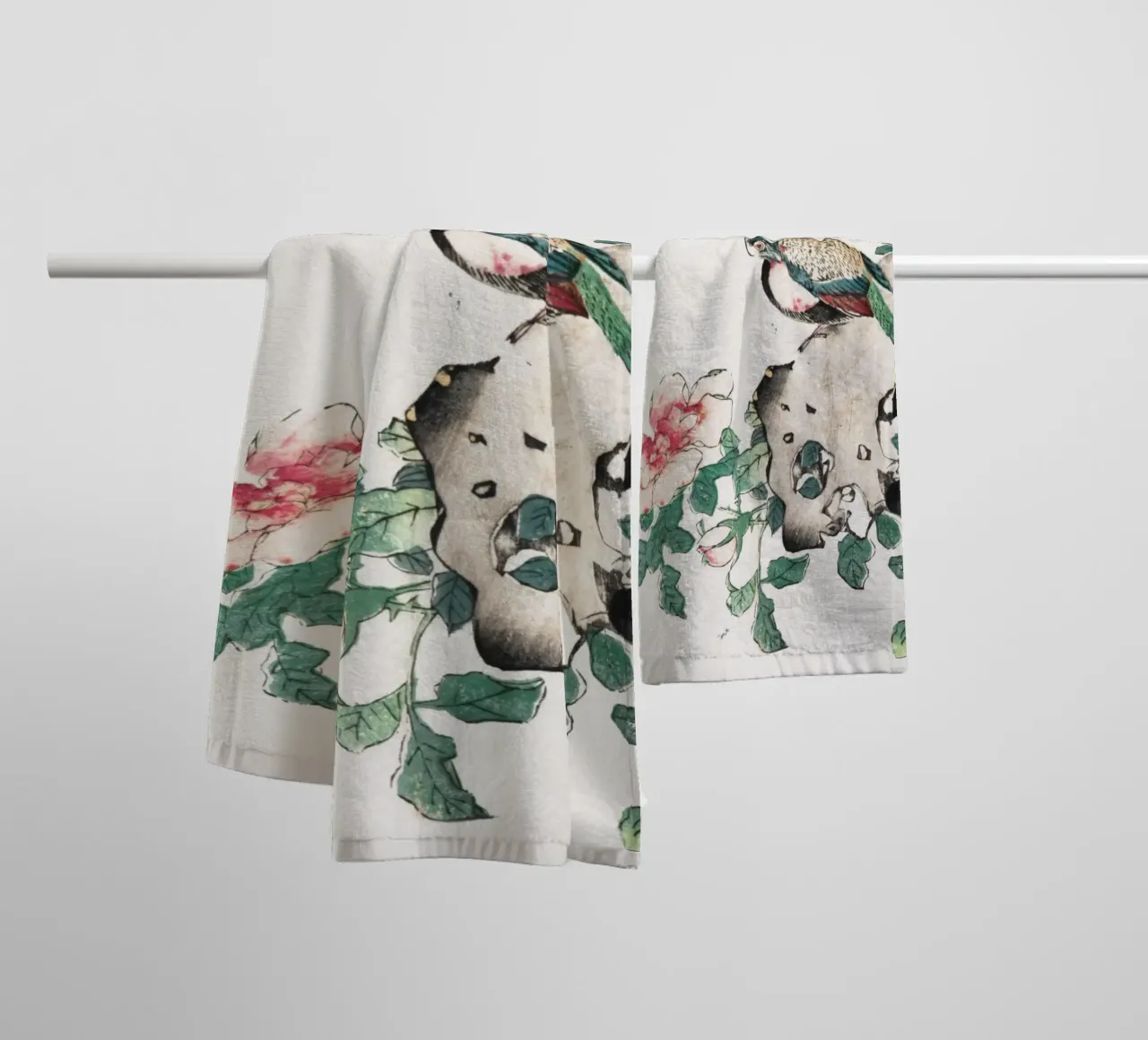 Hu Zhengyan - Shi Zhu Zhai Bird & Rose Art Print towel by ClubArt