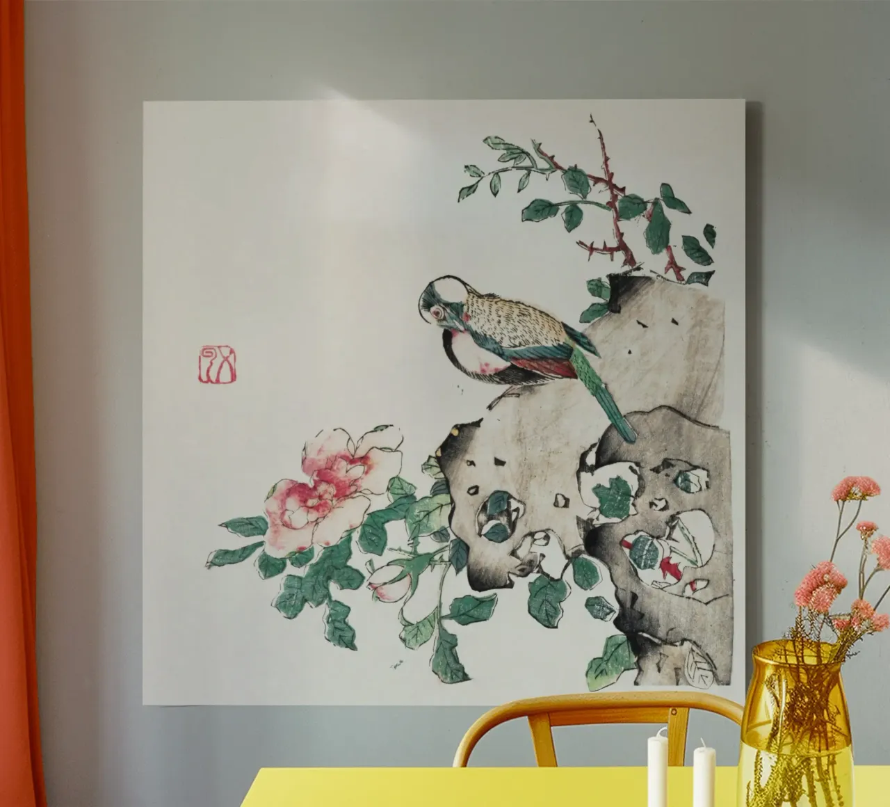 Hu Zhengyan - Shi Zhu Zhai Bird & Rose Art Print canvas by ClubArt