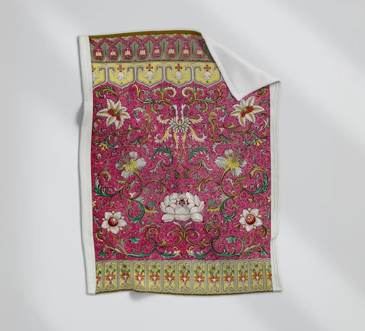 Vibrant Chinese Floral Pattern - Pink & Gold Botanical Art fleece blanket by ClubArt