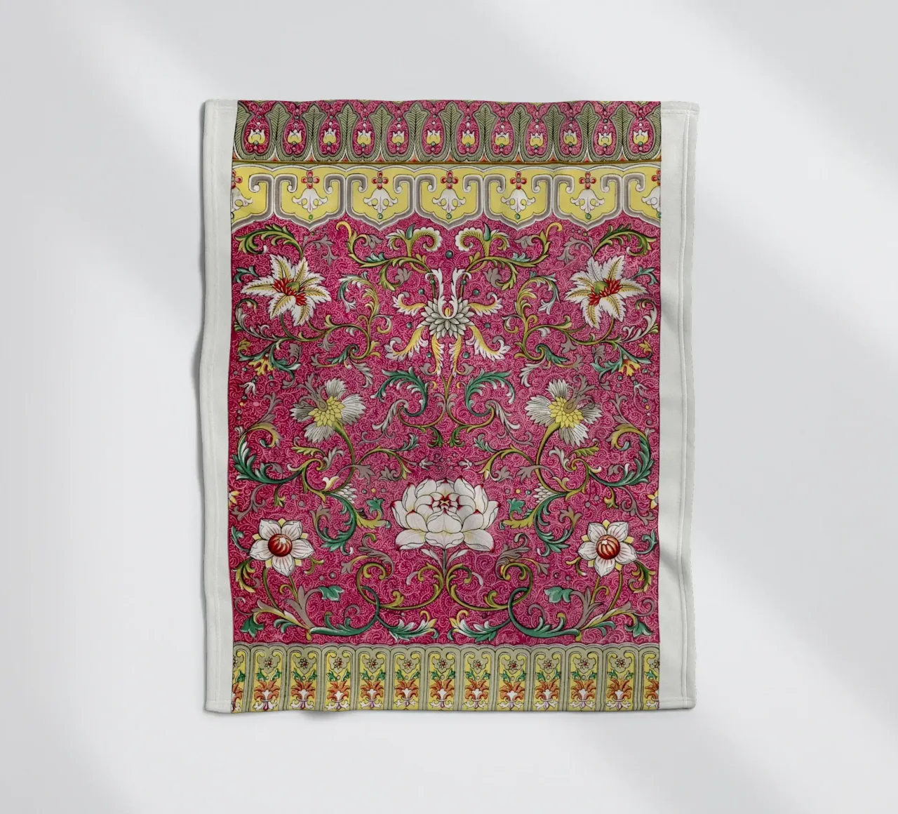 Vibrant Chinese Floral Pattern - Pink & Gold Botanical Art fleece blanket by ClubArt