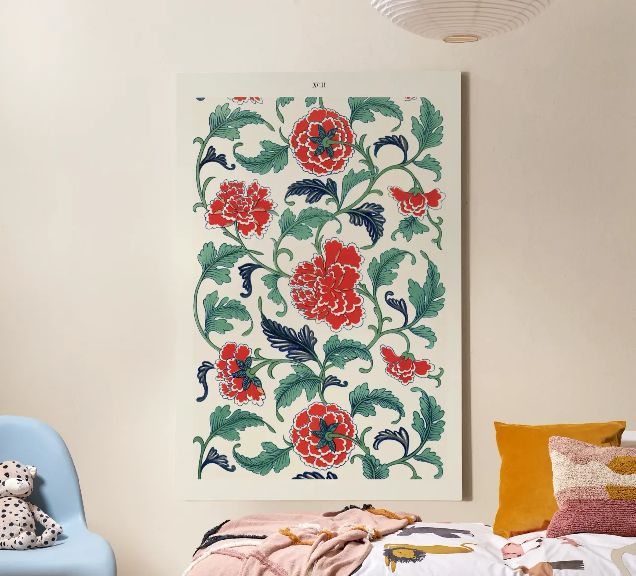 Vibrant Chinese Floral Pattern - Red & Green Botanical Art canvas with Floater frame by ClubArt