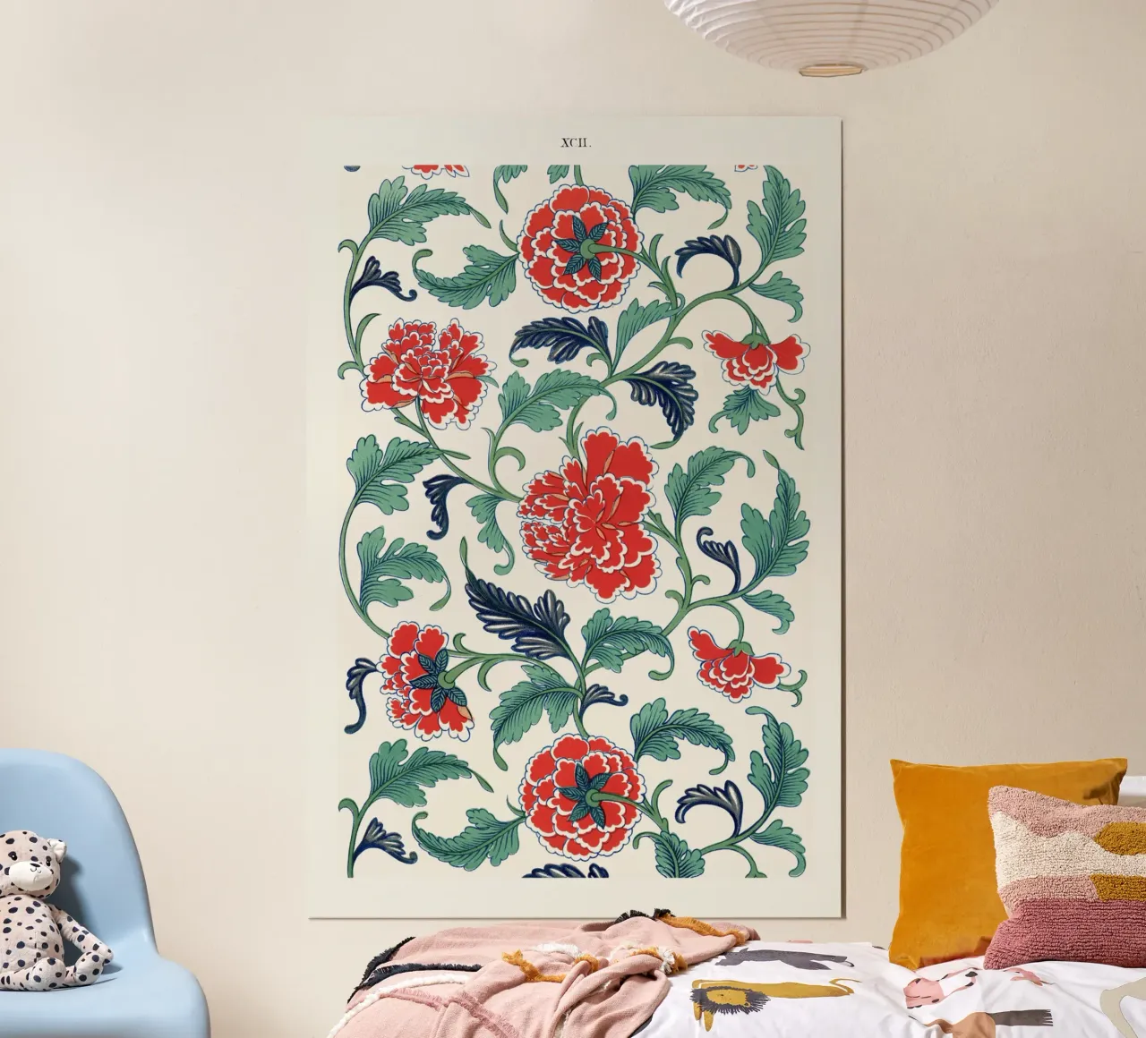 Vibrant Chinese Floral Pattern - Red & Green Botanical Art poster by ClubArt