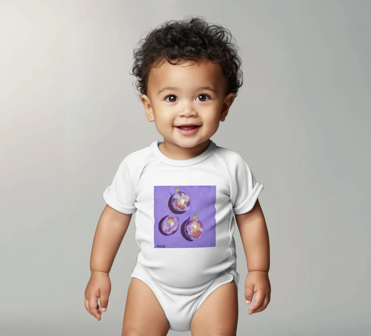 Plums short-sleeve baby romper by Miche Watkins