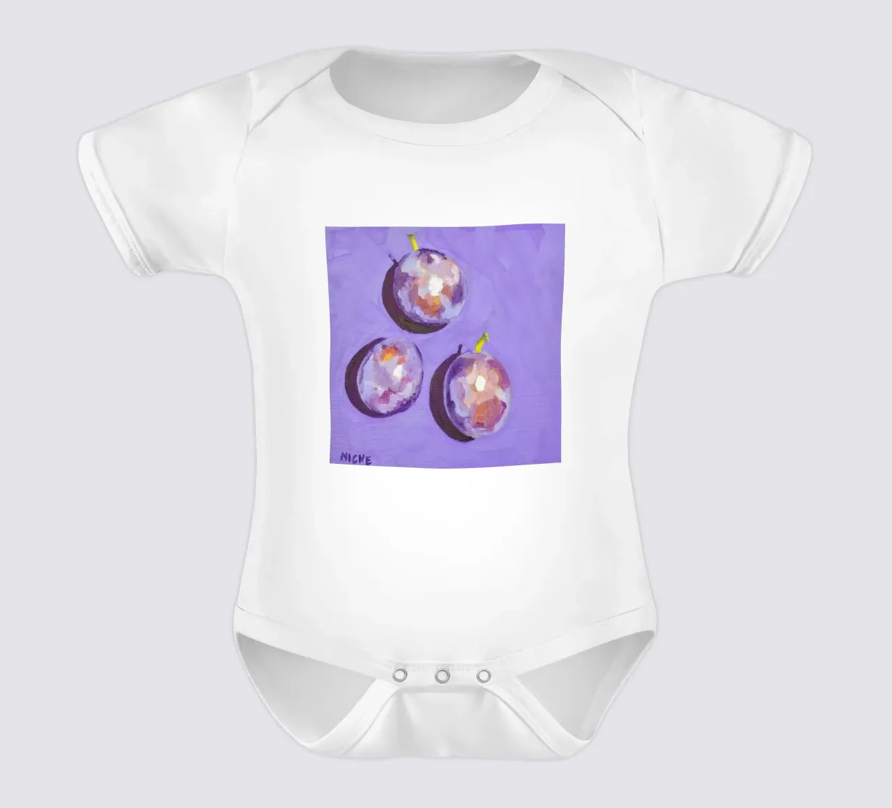 Plums short-sleeve baby romper by Miche Watkins