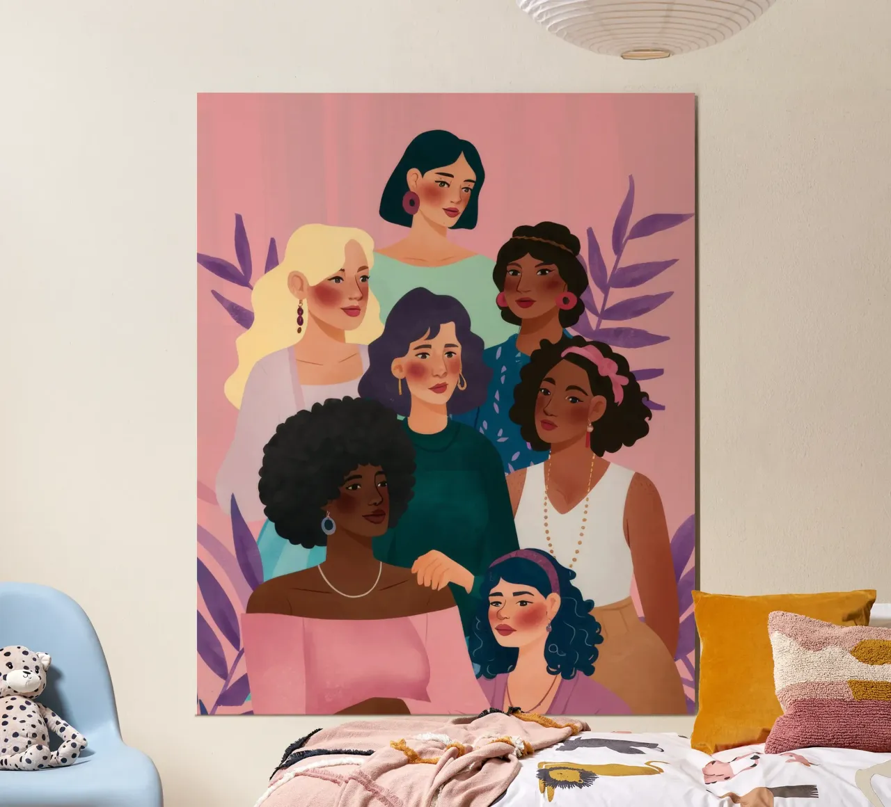 La folla dei sorrisi della sorellanza poster con telaio in legno da Arcane Shade