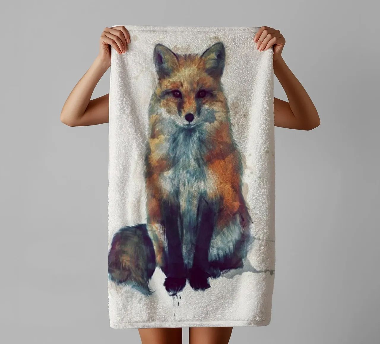 illustration of amy hamilton sitting fox expression towel by kbm store