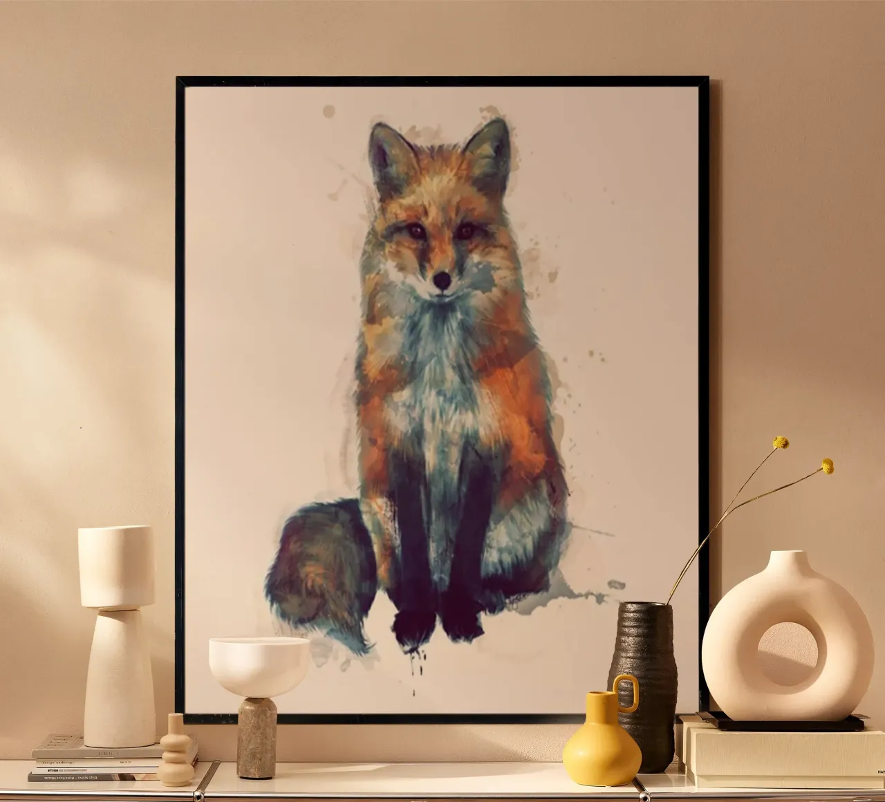 illustrazione di amy hamilton seduta espressione di volpe poster con telaio in plastica da kbm store