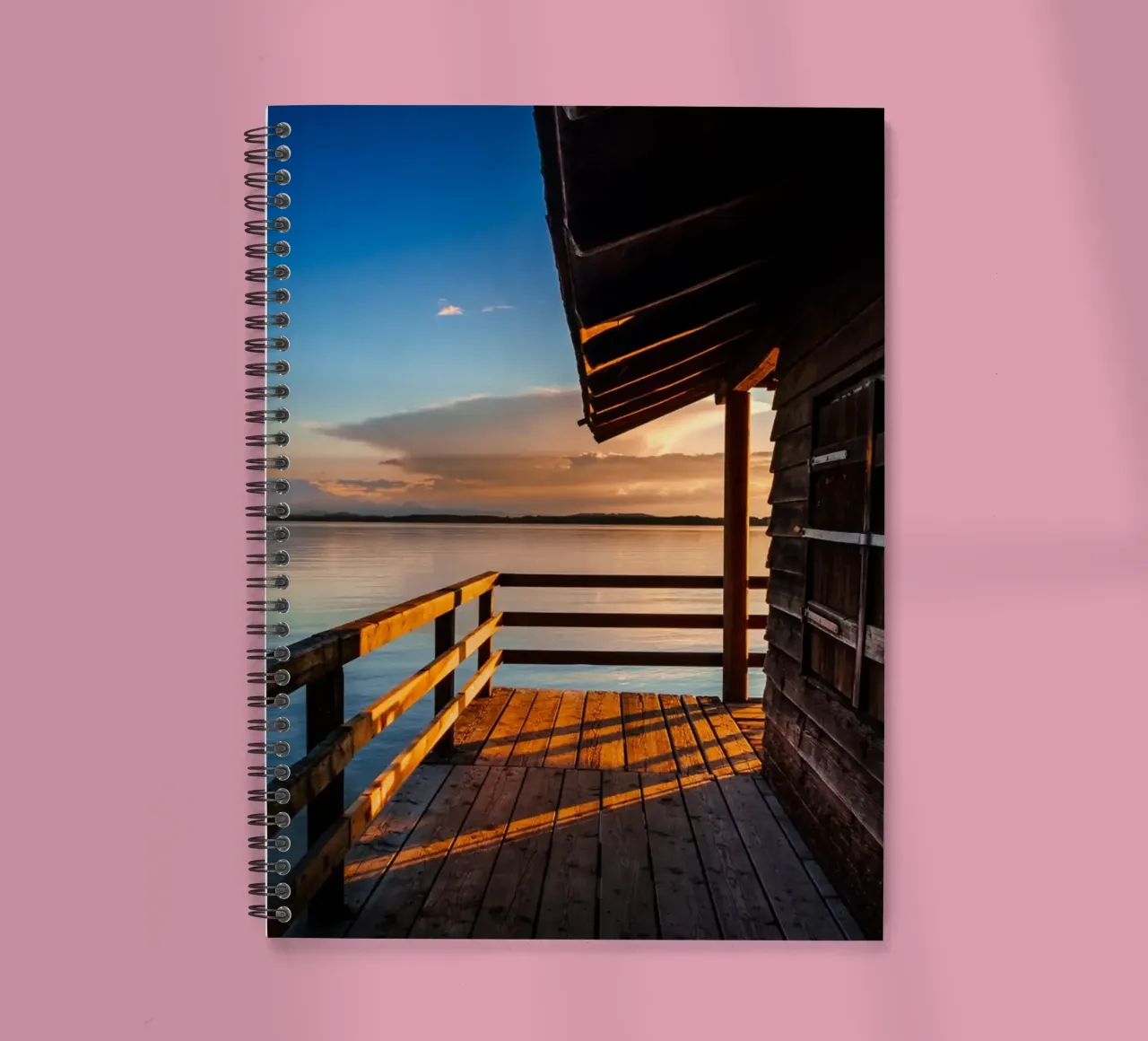 Sunset at the Chiemsee boathouse in Bavaria spiral notebook by 5ecken