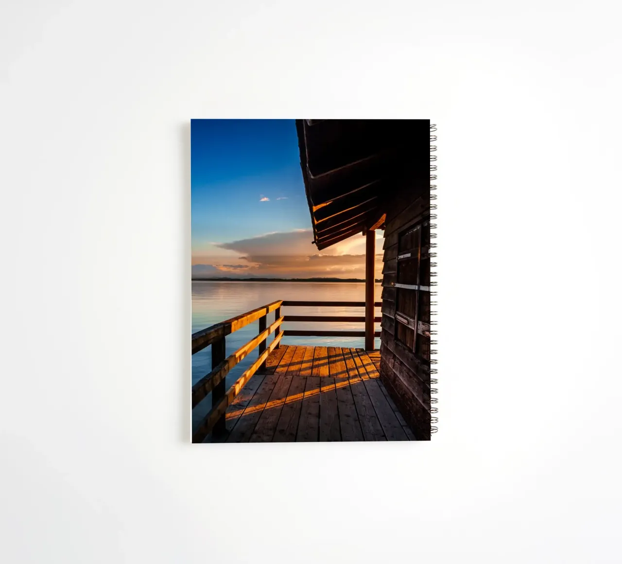 Sunset at the Chiemsee boathouse in Bavaria spiral notebook by 5ecken