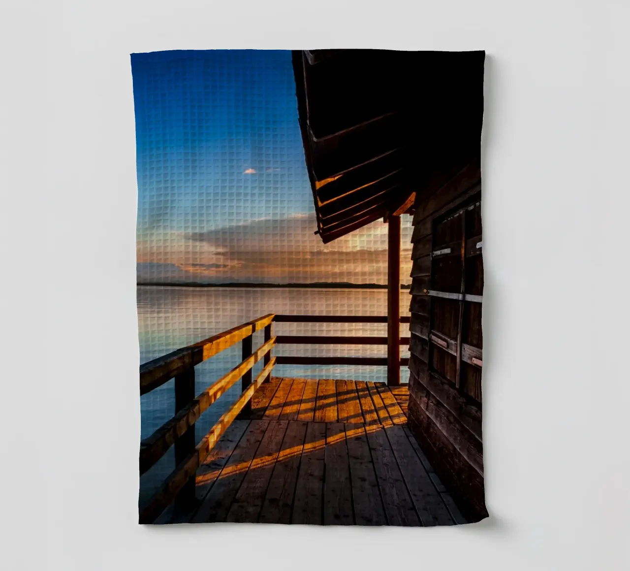 Sunset at the Chiemsee boathouse in Bavaria tea towel by 5ecken