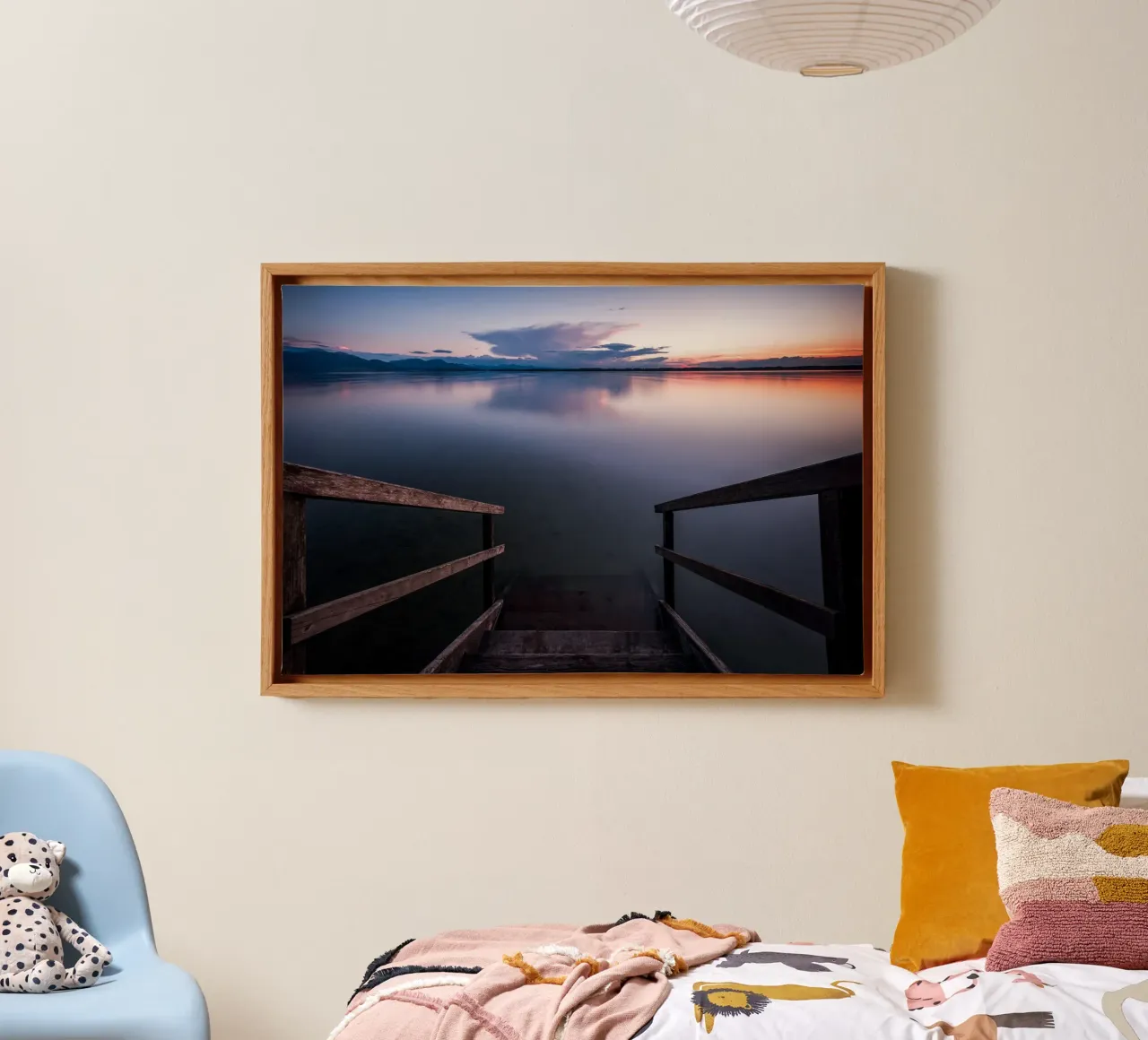 Swimming and relaxing in the evening in Chiemsee, Bavaria canvas with Floater frame by 5ecken