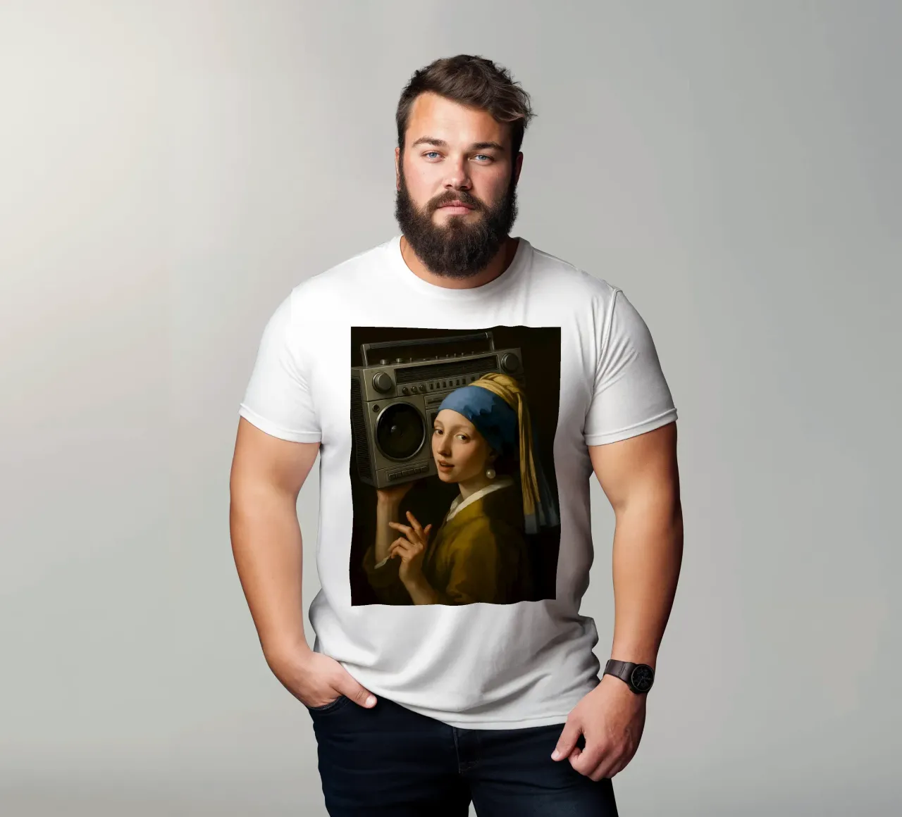 RAGAZZA CON ORECCHINO DI PERLA CHE TIENE IN MANO UN BLASTER DA GHETTO t-shirt da ARTOMATIC