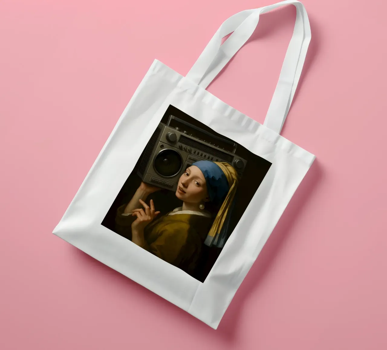 GIRL WITH A PEARL EARRING HOLDING GHETTO BLASTER tote bag by ARTOMATIC