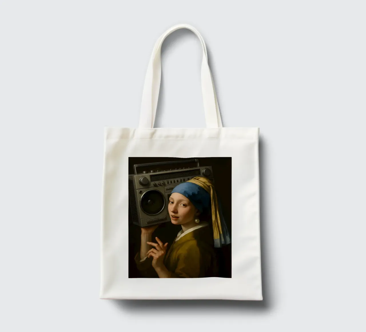 GIRL WITH A PEARL EARRING HOLDING GHETTO BLASTER tote bag by ARTOMATIC