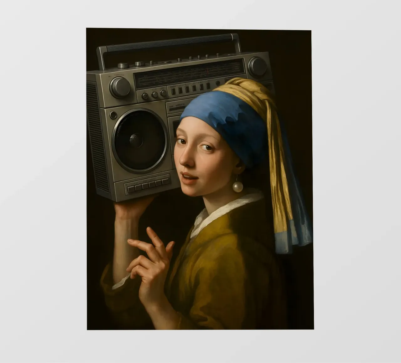 RAGAZZA CON ORECCHINO DI PERLA CHE TIENE IN MANO UN BLASTER DA GHETTO telo in pvc da ARTOMATIC
