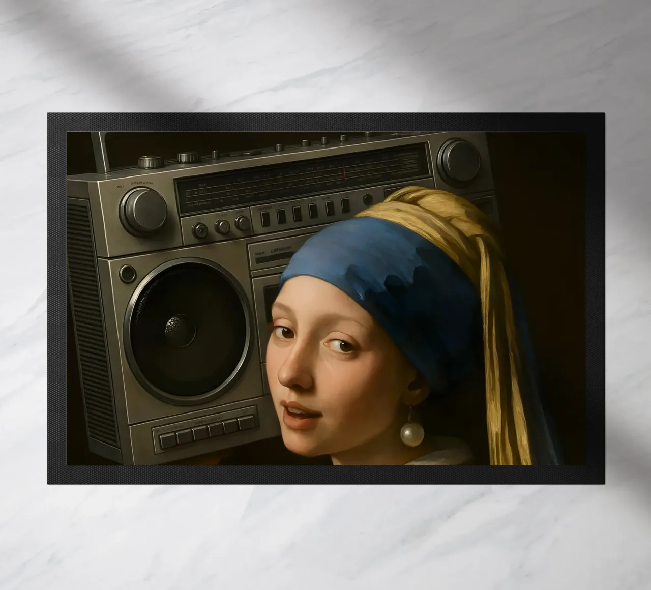 RAGAZZA CON ORECCHINO DI PERLA CHE TIENE IN MANO UN BLASTER DA GHETTO zerbino da ARTOMATIC