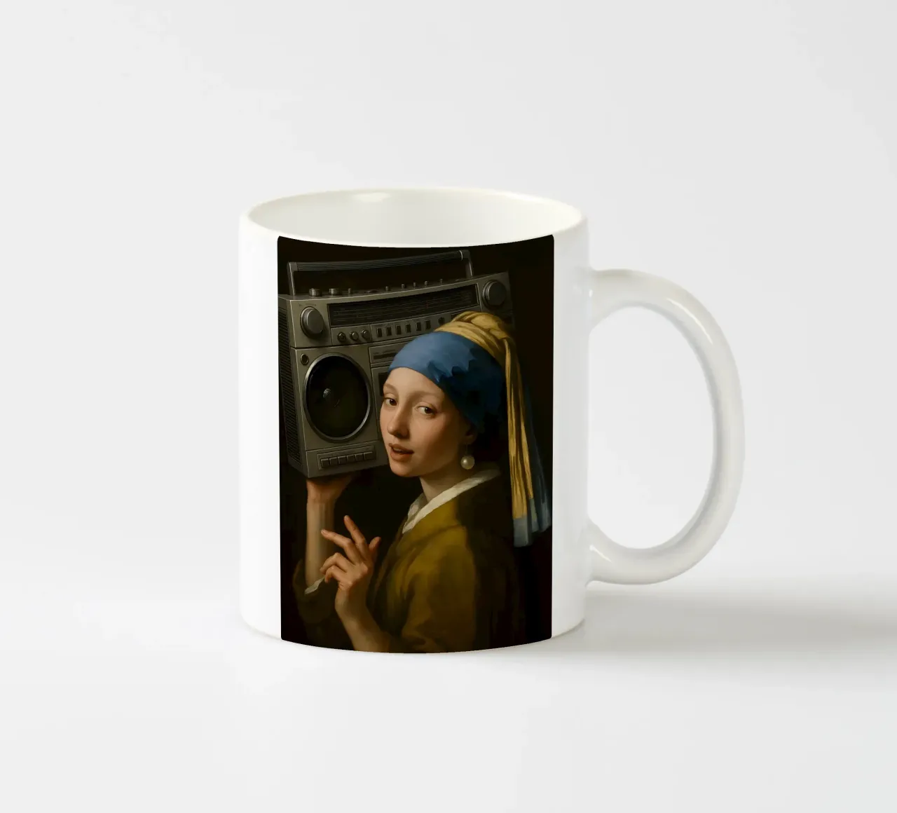 RAGAZZA CON ORECCHINO DI PERLA CHE TIENE IN MANO UN BLASTER DA GHETTO tazza in ceramica da ARTOMATIC