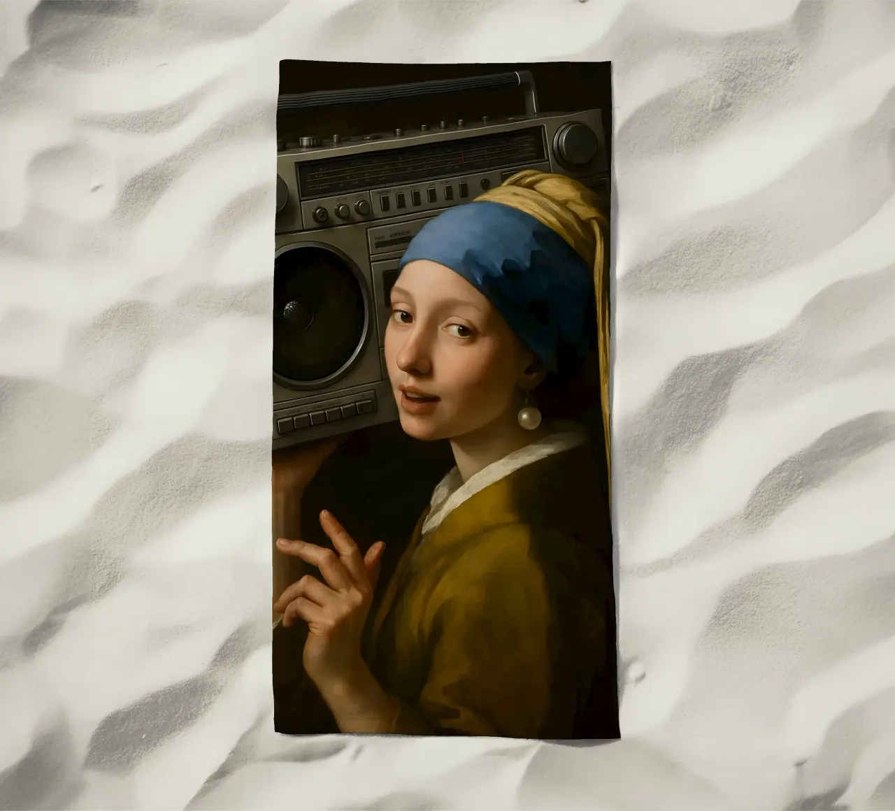 RAGAZZA CON ORECCHINO DI PERLA CHE TIENE IN MANO UN BLASTER DA GHETTO telo mare da ARTOMATIC