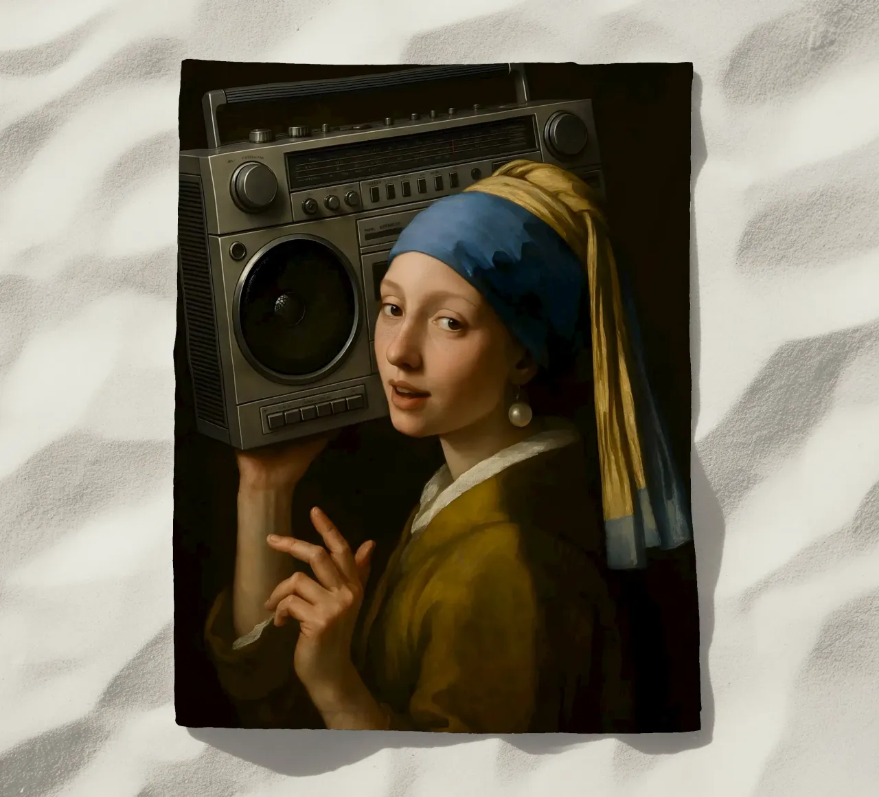 RAGAZZA CON ORECCHINO DI PERLA CHE TIENE IN MANO UN BLASTER DA GHETTO telo mare da ARTOMATIC