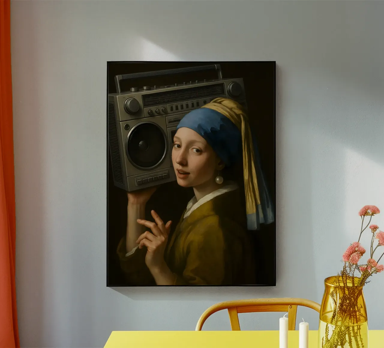 RAGAZZA CON ORECCHINO DI PERLA CHE TIENE IN MANO UN BLASTER DA GHETTO plexiglass da ARTOMATIC